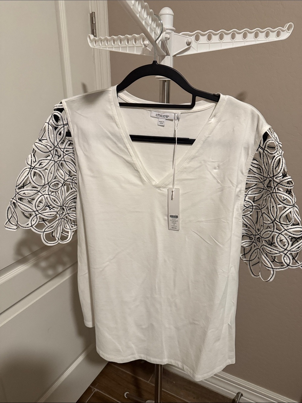 Chico's White V-Neck Tee with Black-Trim Eyelet Sleeves